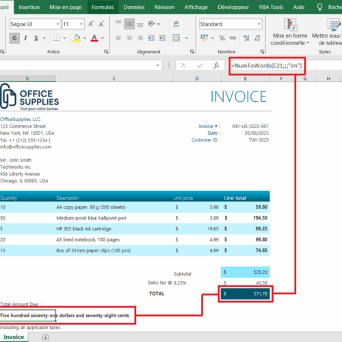 Numbers To Words - US invoice example